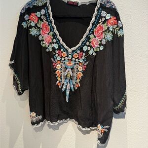 Johnny Was Black 3/4 Sleeve Blouse with V-Neckline and Embellished Floral Design